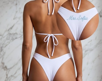 Custom Embroidered Bride Bikini | Personalized Mrs. Swimsuit, Cheeky Y Bottom Honeymoon Set | M03D