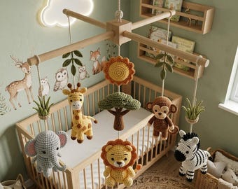 Safari Baby Mobile Crochet | Savanna Nursery Decor | Jungle Crib Mobile | Lion Elephant Giraffe Mobile | Baby Shower Gift | M32M