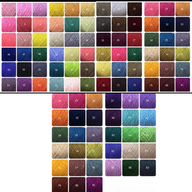 May include: A comprehensive color chart featuring numerous square swatches of yarn in a wide variety of hues, including shades of pink, yellow, blue, green, brown, and purple. Each individual yarn square is labeled with a unique numerical identifier.