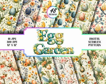 Paquete de papeles digitales de Pascua con 48 patrones sin costuras, diseños florales de huevos, papel para álbumes de recortes de primavera, JPG de 12x12 pulgadas y 300 DPI (descarga gratuita)