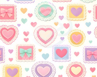 Motivo senza cuciture con cuori e fiocchi pastello / Carta digitale JPG 12x12 / Sfondo di San Valentino in pizzo kawaii / Carta per scrapbooking stampabile carina