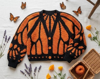 Monarch Butterfly Crochet Cardigan | Chunky Handmade Sweater, Cottagecore Fall Outfit | M35M