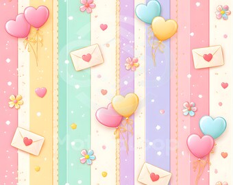 Modello senza cuciture con palloncino a forma di cuore e lettera d'amore / JPG 12x12 / Carta digitale pastello per San Valentino / Carino sfondo stampabile per album di ritagli