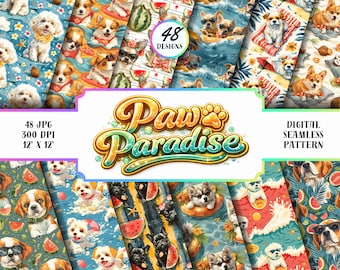 Paquete de patrones sin costuras para perros de verano, lindos diseños de cachorros en la playa, paquete de papel digital de mascotas tropicales, 48 JPG 12x12 300 DPI