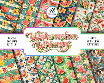 Paquete de patrones sin costuras de sandía, paquete de papel digital floral tropical de verano, lindos fondos de álbum de recortes de frutas 48 JPG