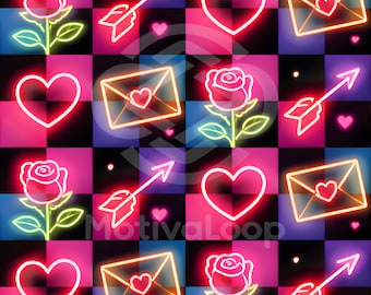 Modello senza cuciture con icone d'amore al neon – Download digitale (JPG, 12 x 12 pollici, 3600x3600 px, 300 DPI)
