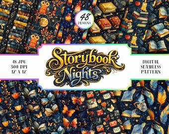 Paquete de patrones sin costuras con temática literaria, 48 papeles digitales de estilo Dark Academia, diseños de álbumes de recortes de fantasía con libros de biblioteca de 12x12 pulgadas.