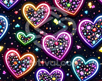 Motivo a cuore con gemma luminosa senza soluzione di continuità / Carta digitale JPG 12x12" / Cristalli arcobaleno al neon / Sfondo kawaii di San Valentino a 300 DPI