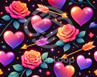 Motivo senza cuciture con cuore e rosa al neon – Carta digitale JPG 12x12" / Arte audace per San Valentino, 300 DPI, download immediato