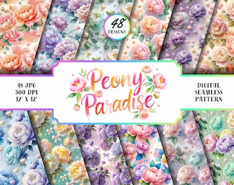 Motivi senza soluzione di continuità con acquerello di peonie: carta floreale pastello (48 JPG)