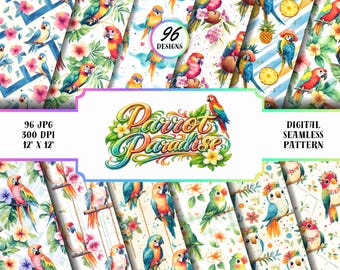 Pacchetto di motivi senza soluzione di continuità con pappagalli tropicali, 96 carte digitali JPG 12x12, stampe floreali con uccelli dai colori vivaci per scrapbooking, tessuti e sublimazione.