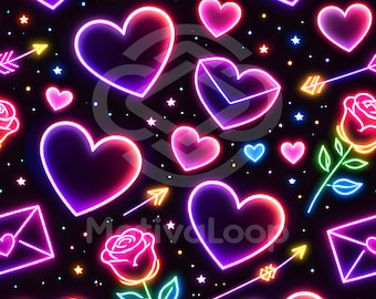 Motivo senza cuciture a cuore al neon / Carta digitale luminosa per San Valentino / Ripetizione neon retrò / JPG ad alta risoluzione 12x12