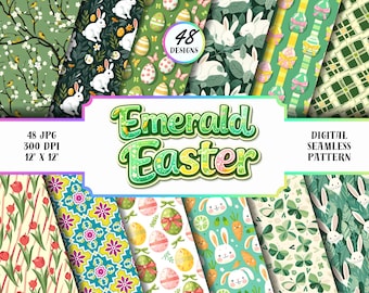 Paquete de patrones sin costuras de Pascua color esmeralda: 48 diseños de huevos de conejito verdes (descarga digital)
