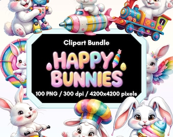 Pacchetto di clipart di coniglietti felici: 100 grafiche PNG pasquali arcobaleno