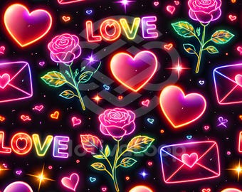 Motivo senza cuciture Neon Love / Cuori al neon di San Valentino su carta digitale / Ripetizione romantica con bagliore retrò / 12x12 JPG
