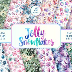 May include: A digital seamless pattern featuring twelve designs of colorful snowflakes. The patterns include various shades of blue, pink, green, and purple. The image also includes the text "Jolly Snowflakes" and "12" x 12" dimensions.