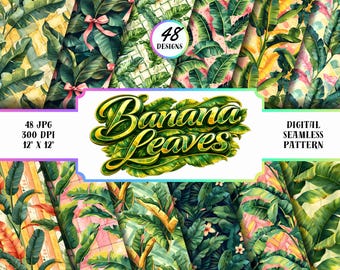 Paquete de patrones sin costuras de hojas de plátano, paquete de papel digital tropical, fondo de hojas de la jungla, imprimible floral de verano, 48 diseños JPG