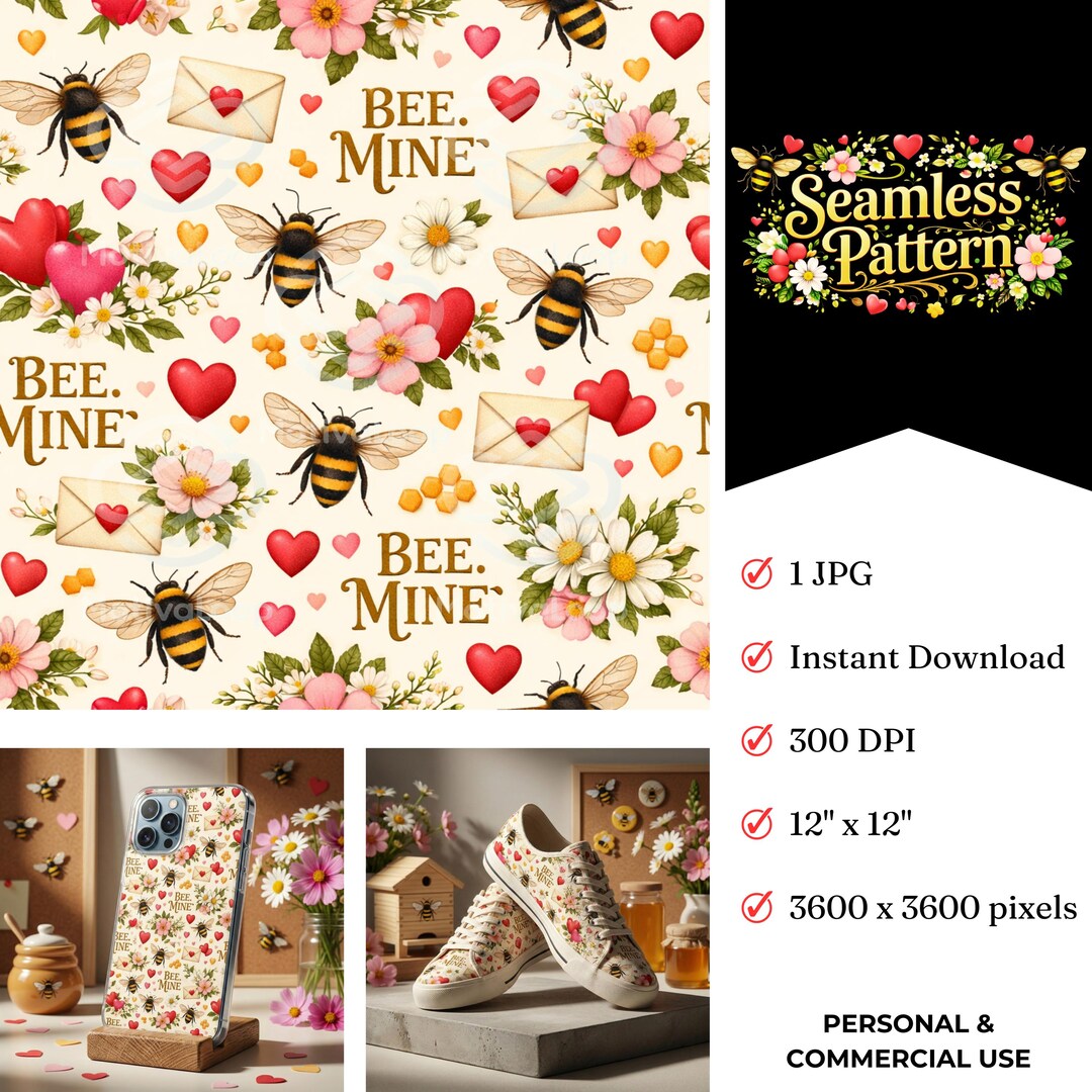 Bee Mine Valentine Seamless Pattern – Bumblebee Floral Digital Paper ...