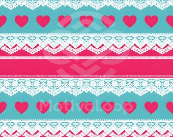 Motivo romantico senza cuciture in pizzo e cuore / JPG 12x12 / Carta digitale rosa verde acqua per San Valentino / Scrapbooking, Sublimazione, Sfondo artigianale