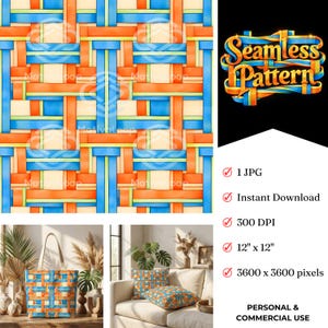 Puede incluir: Un diseño de patrón sin costuras con bandas entrelazadas de color naranja, azul y amarillo claro. El diseño se repite en toda la imagen. La imagen también incluye el texto "Seamless Pattern".