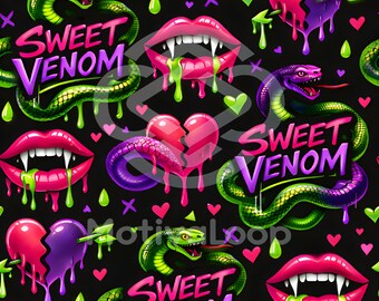 Motivo senza cuciture Sweet Venom / Download digitale JPG 12x12" / Cuore con labbra di serpente gotico / Arte anti-San Valentino al neon a 300 DPI
