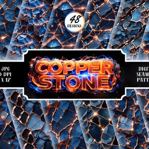 Puede incluir: Conjunto de patrones digitales sin costuras con un diseño de piedra azul y cobre. La imagen incluye el texto "COPPER STONE" y detalles sobre los 48 diseños, 300 DPI y dimensiones de 30,48 cm x 30,48 cm. El tema general es el arte digital.