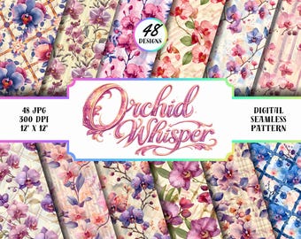 Paquete de patrones sin costuras de orquídeas, paquete de papel digital floral, 48 diseños JPG, 12x12 300 DPI, álbum de recortes, impresión en tela