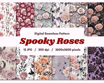 Patrones sin costuras de rosas espeluznantes: Papel digital gótico de Halloween (12 JPG)