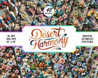 Paquete de patrones florales del desierto sin costuras / 48 papeles digitales JPG (12x12" 300 DPI)