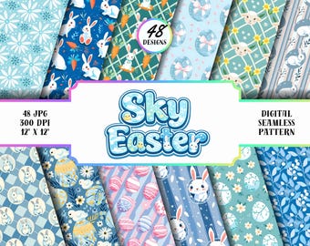 Paquete de papel digital Sky Easter: 48 patrones sin costuras de conejitos y huevos (descarga digital)