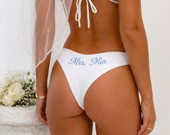Personalized White Bridal Bikini | Custom Embroidered Mrs. Swimsuit, Bachelorette Outfit | M08M