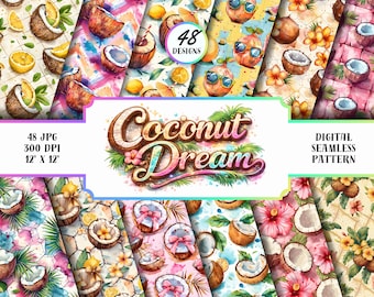 Paquete de patrones sin costuras de coco, paquete de papel digital tropical, diseños de frutas de verano, JPG de 12x12 pulgadas a 300 DPI, PNG para scrapbooking