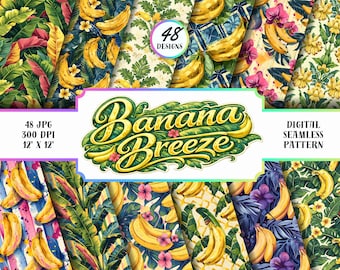 Paquete de patrones sin costuras de plátanos, papel digital de frutas tropicales, estampado floral veraniego de plátanos, 48 imágenes JPG de 12x12 pulgadas para álbumes de recortes.