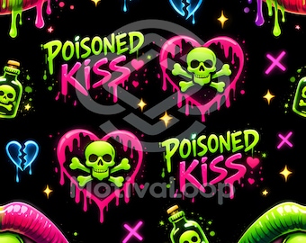 Motivo senza soluzione di continuità con bacio avvelenato / Download digitale JPG 12x12" / Teschi d'amore gotici al neon / Design a cuore gocciolante a 300 DPI
