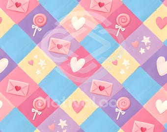 Motivo Kawaii senza soluzione di continuità per San Valentino - Carta digitale, JPG 12x12", Cuori pastello, Lettere d'amore, Caramelle