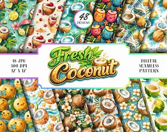 Paquete de patrones sin costuras de coco fresco, paquete de papeles digitales de verano tropical, 48 fondos JPG de 12x12 pulgadas y 300 ppp.
