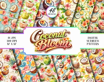 Paquete de patrones sin costuras de coco tropical, paquete de papel digital floral de verano, JPG de 12x12 para tela, álbum de recortes y diseño de impresión.