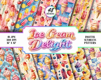 Paquete de patrones sin costuras de helados, papel digital de postres de verano, estampados de paletas y frutas, paquete JPG de 12x12