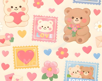 Timbro con motivo senza cuciture con orsetto carino e amore / Carta digitale JPG 12x12 / Carta Kawaii per San Valentino / Sfondo per album di ritagli con cuori rosa e fiori