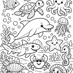 Könnte beinhalten: Schwarz-Weiß-Illustration mit verschiedenen Meeresbewohnern: Fisch, Schildkröte, Delfin, Oktopus, Qualle, Hai, Seestern, Seepferdchen, Krabbe und Muschel. Blasen und Seegras bilden eine Unterwasserszene.