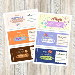 Puede incluir: Un conjunto de vales de regalo coloridos con varias frases en español. Los vales tienen diferentes combinaciones de colores, incluyendo naranja, azul y marrón. Cada vale tiene una sección para escribir "Vale por:" y un mensaje único.