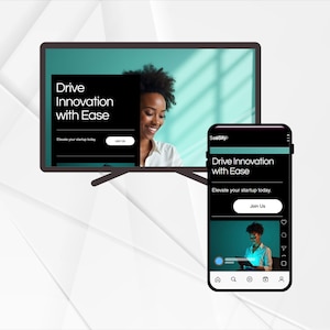 May include: A television and smartphone display a website interface with the text "Drive Innovation with Ease." The website features a black background with white text and a photo of a smiling person. The smartphone shows the same interface.