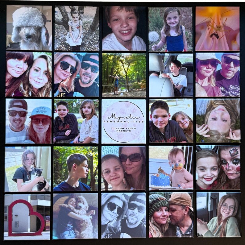 May include: A collection of square photo magnets arranged in a grid. The magnets feature various images of people, pets, and outdoor scenes. The center magnet displays the text "Magnetic Personalities Custom Photo Magnets."