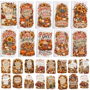 May include: A collection of white rectangular kitchen towels featuring colorful autumn-themed illustrations. Each towel displays seasonal motifs like pumpkins, sunflowers, fall foliage, and text phrases such as Fall Recipe, Pumpkin Spice, and Harvest Blessings.