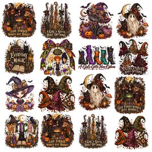 Może przedstawiać: Kolekcja szesnastu grafik o tematyce Halloween przedstawiających czarownice, czarne koty, duchy, dynie, miotły i spiczaste kapelusze. Kilka wzorów zawiera napisy, takie jak God Forbid Women Have Hobbies, A Girl's Gotta Have Options, Everyday Magic, Hocus Pocus i Witchy.