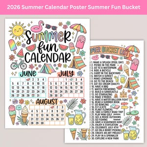 May include: A colorful summer-themed poster with a calendar for June, July, and August 2026, featuring illustrations of a sun, ice cream, watermelon, and a bicycle. A second poster lists summer activities.