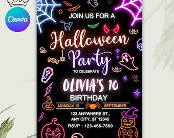 Editable Neon Halloween Party Invitation, Halloween Kids Birthday Party Invite, Neon Glow Halloween, Halloween Spooky Party Invite,Printable