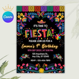 May include: Black invitation card with colorful floral border and the text "IT'S TIME TO FIESTA". The invitation is for Emma's 4th birthday on September 10th, 2025, at 3:00 PM. Includes address and RSVP information.