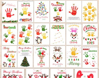 Könnte beinhalten: Eine Sammlung von 25 Weihnachts-Handabdruck-Basteldesigns. Jedes Design zeigt farbenfrohe Handabdrücke, festlichen Text und Weihnachtsbilder wie Rentiere, Weihnachtsbäume und Ornamente. Die Designs sind auf weißen Karten.