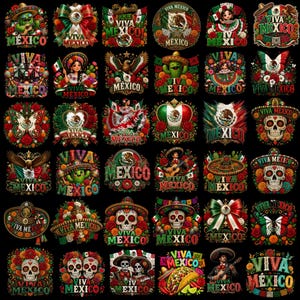 Pode incluir: Uma coleção de trinta e cinco ilustrações digitais distintas com o texto Viva Mexico, incorporando símbolos culturais como caveiras de açúcar, sombreros, cactos, águias, rosas e a bandeira mexicana em cores vibrantes sobre um fundo preto.